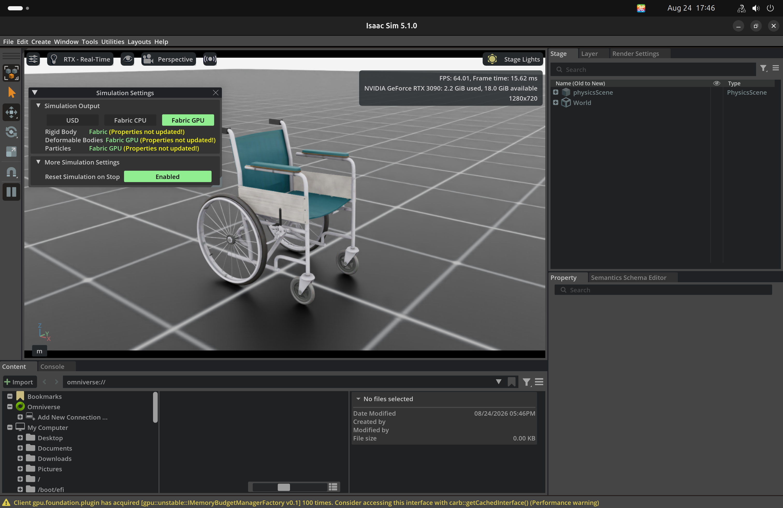 Poly Haven wheelchair running in Isaac Sim