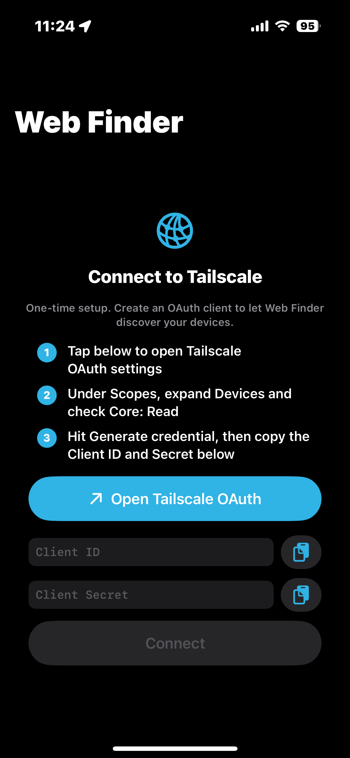 Web Finder iOS OAuth setup screen