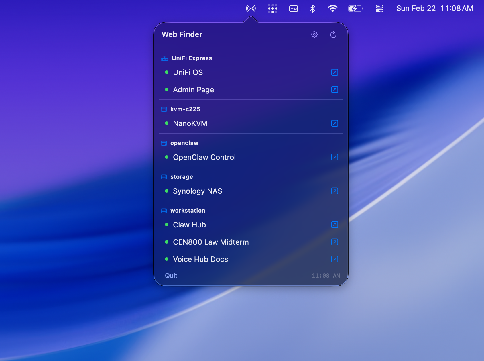 Web Finder menubar app showing local and Tailscale services